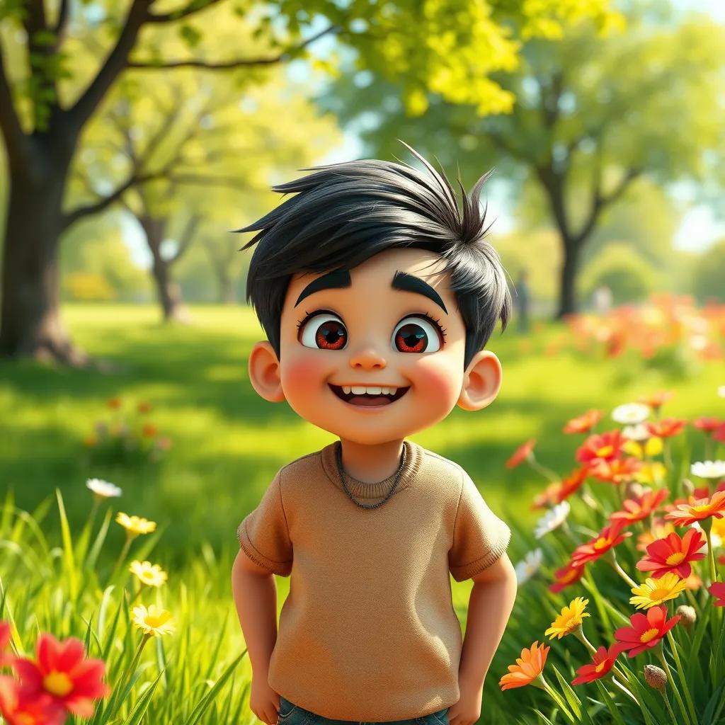 A cheerful boy, Ahmad, with bright eyes and a big smile, standing excitedly in a sunny park surrounded by green grass and colorful flowers, digital art, vibrant colors, joyful atmosphere, high quality