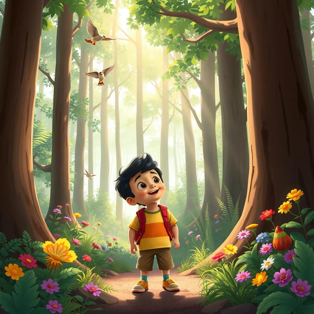 Ahmad, a cheerful boy, exploring the woods with tall trees and colorful flowers around him, listening to birds singing, bright sunlight filtering through leaves, illustration, peaceful nature scene, child-friendly