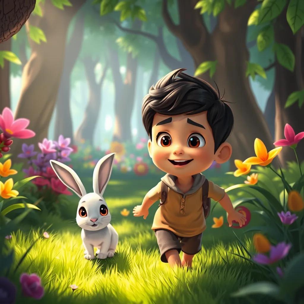 Ahmad, a cheerful boy, following a little white rabbit with big curious eyes through a lush green forest, filled with sunlight and colorful plants, digital painting, playful adventure, vibrant and lively