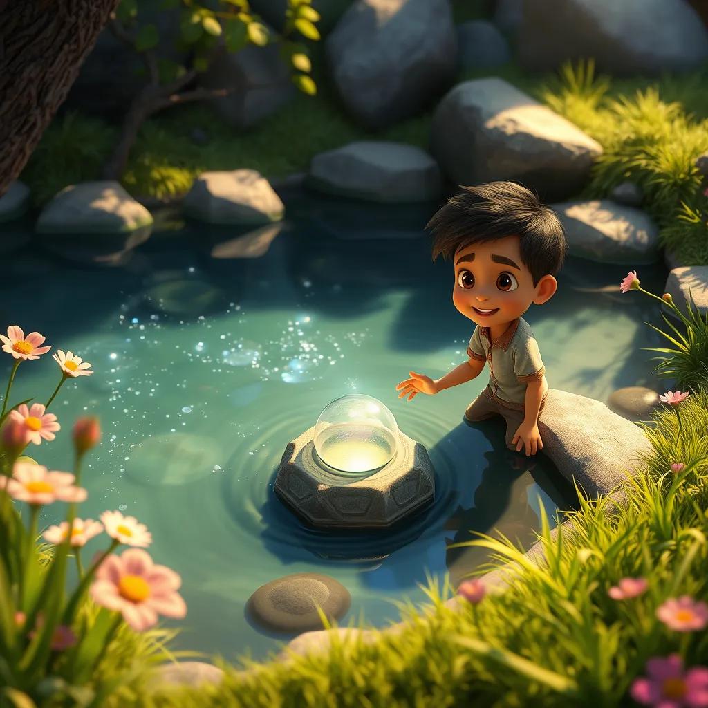 A hidden pond with sparkling water, where Ahmad, a cheerful boy, discovers a magical glowing stone at the edge, surrounded by flowers and green grass, enchanting scene, fantasy atmosphere, high quality
