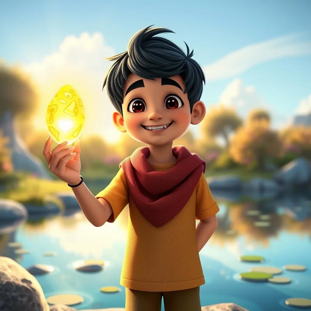 Ahmad, a cheerful boy, holding a magical glowing stone in his hand, smiling as he stands by the pond with sunlight reflecting off the water, heartwarming view, colorful, uplifting imagery