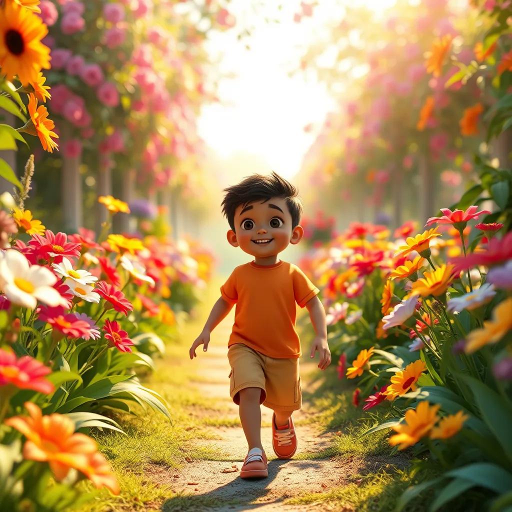 A young boy, Ahmad, cheerful and curious, wearing a bright t-shirt and shorts, walking through a lively garden filled with colorful flowers, digital art, vibrant colors, warm sunlight, inviting atmosphere, high quality