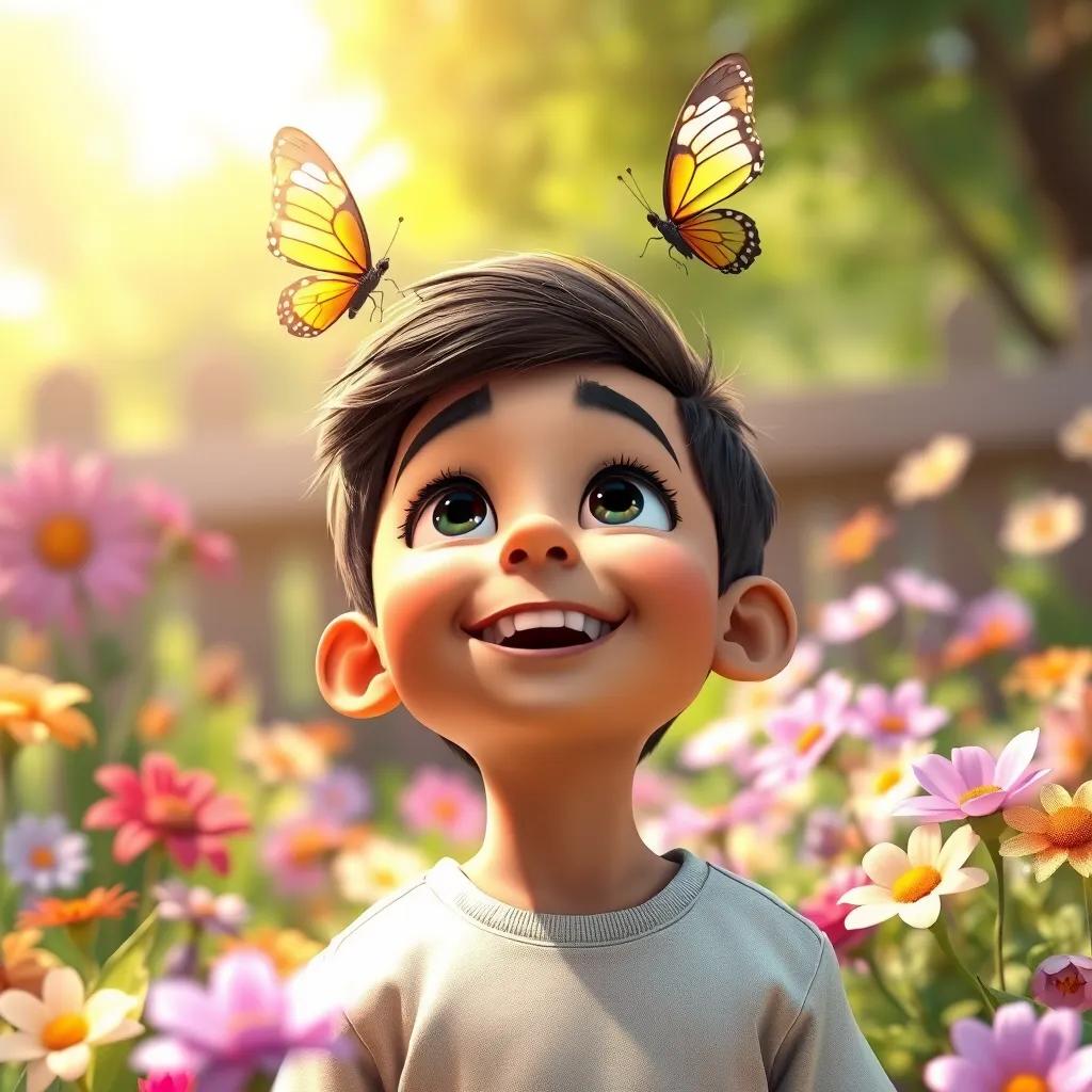 Ahmad, a young boy, with bright eyes and a big smile, looking up at a butterfly with colorful wings, in a sunny garden full of flowers, digital illustration, cheerful mood, high quality