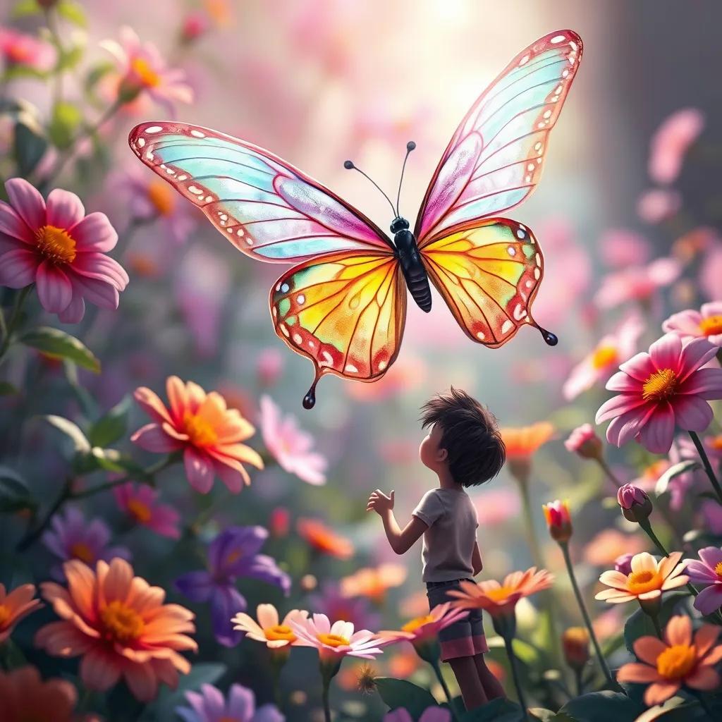 A beautiful butterfly with bright wings, floating above Ahmad in a vibrant garden, surrounded by blooming flowers, digital painting, vivid colors, enchanting scene, high quality