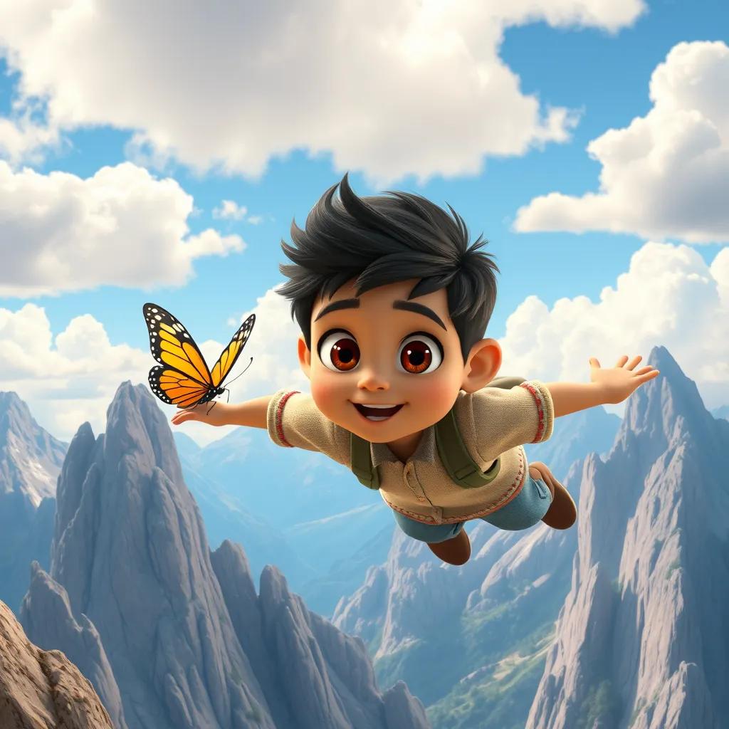 Ahmad, a young boy, with wide eyes, flying over tall mountains with a butterfly, blue sky and fluffy white clouds, adventurous scene, digital art, bright colors, uplifting, high quality