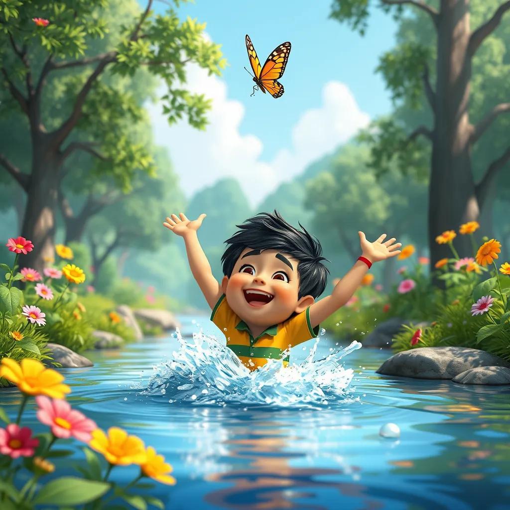 A joyful scene of Ahmad splashing in a river, surrounded by trees and colorful flowers, with the butterfly fluttering above, cheerful atmosphere, vibrant colors, digital illustration, high quality