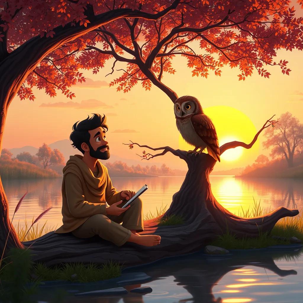 Ahmad sitting on a riverbank with a wise owl perched on a nearby tree, sharing stories with a sunset backdrop, warm colors, magical atmosphere, digital art, high quality