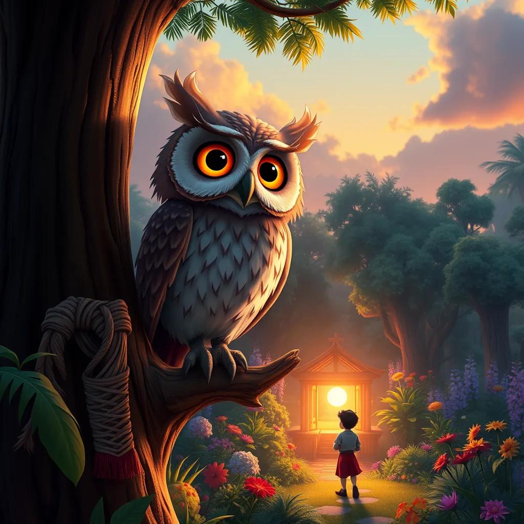 A wise owl with large, expressive eyes, perched in a tall tree, overlooking Ahmad in the vibrant garden, illuminated by the setting sun, magical scene, digital illustration, high quality