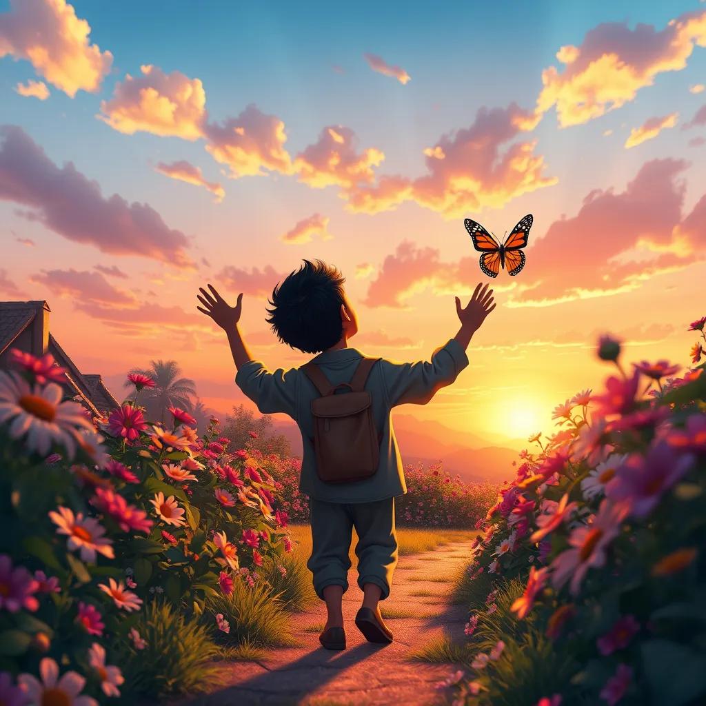 Ahmad waving goodbye to the butterfly, as he walks back home through the flower-filled garden, sunset colors filling the sky, heartwarming scene, vibrant colors, digital art, high quality