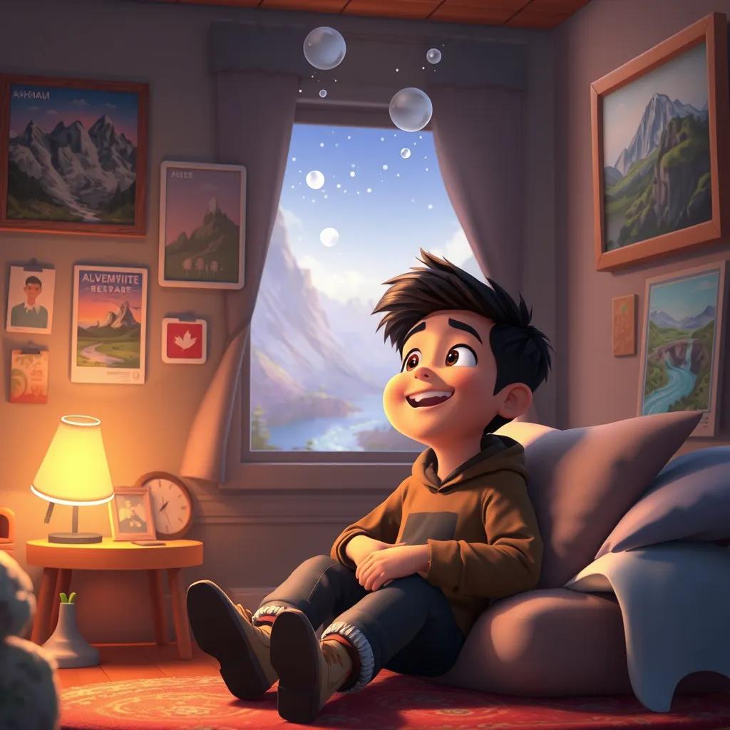 Ahmad in his cozy room, dreaming of adventures, surrounded by posters of mountains and rivers, joyful expression, warm light, digital illustration, high quality
