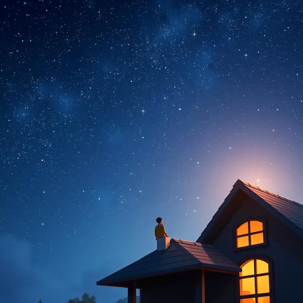 A starry night sky above Ahmad's house, as he dreams of flying adventures, bright stars twinkling, peaceful and magical atmosphere, digital art, high quality