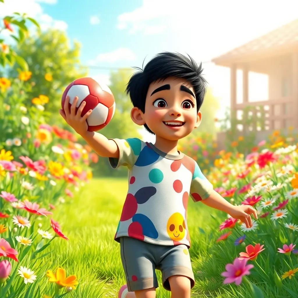 A young Arab boy named Ahmed with short black hair, wearing a colorful t-shirt and shorts, throwing a ball in a bright sunny garden filled with flowers and green grass, cheerful atmosphere, digital art, vibrant colors, high quality