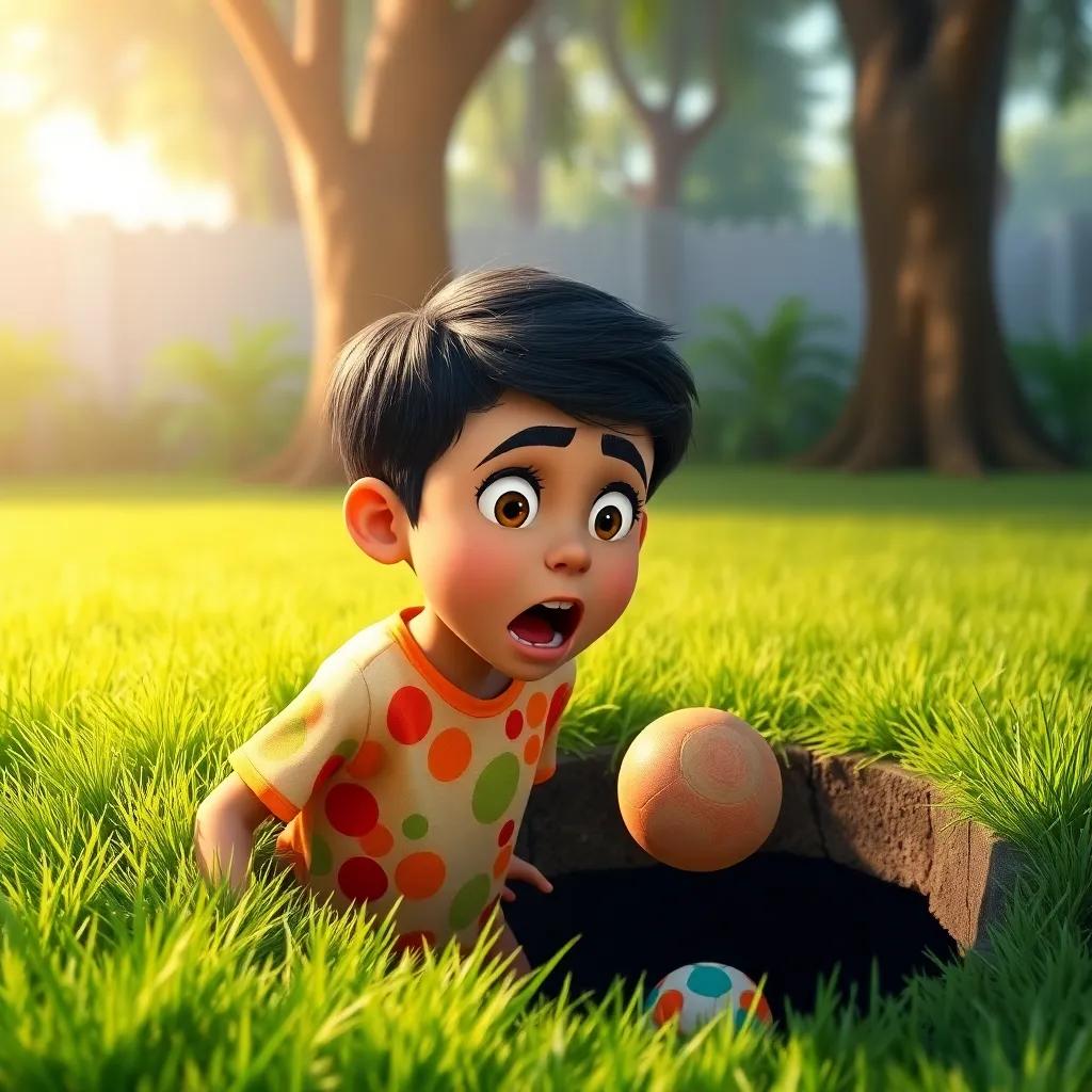 Ahmed, a young Arab boy, with short black hair wearing a colorful t-shirt, gasping as he sees a ball falling into a dark hole in the garden, with green grass around and tall trees, dramatic lighting, child-friendly, lively