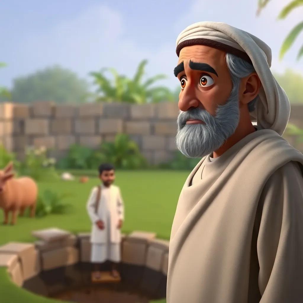 Ahmed's grandfather, an older Arab man with a beard and wearing a traditional white thobe, looking worried as he calls out to Ahmed standing near a deep hole in the garden, serious expression, softly lit, realistic