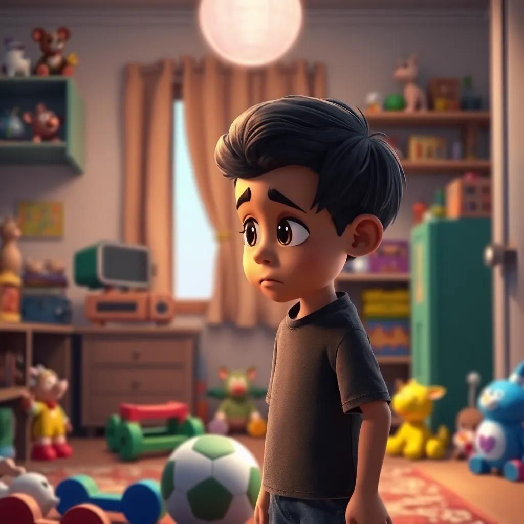 Ahmed, looking sad, standing at home with his head down, remembering the ball while his room is full of colorful toys, warm lighting, heartfelt