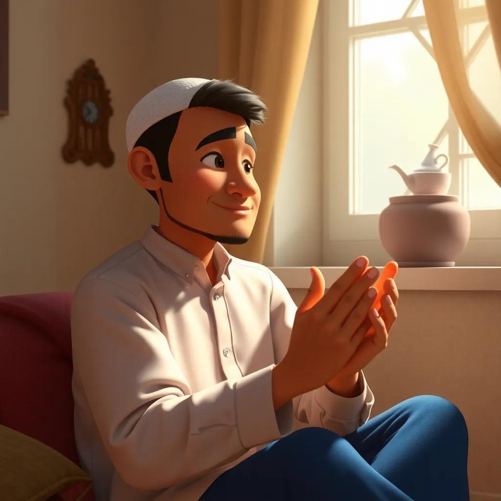 Ahmed, recalling his grandfather's words, with his hands clasped in prayer, his face serene with gratitude, sitting in a cozy corner, soft light filtering through a window, peaceful setting