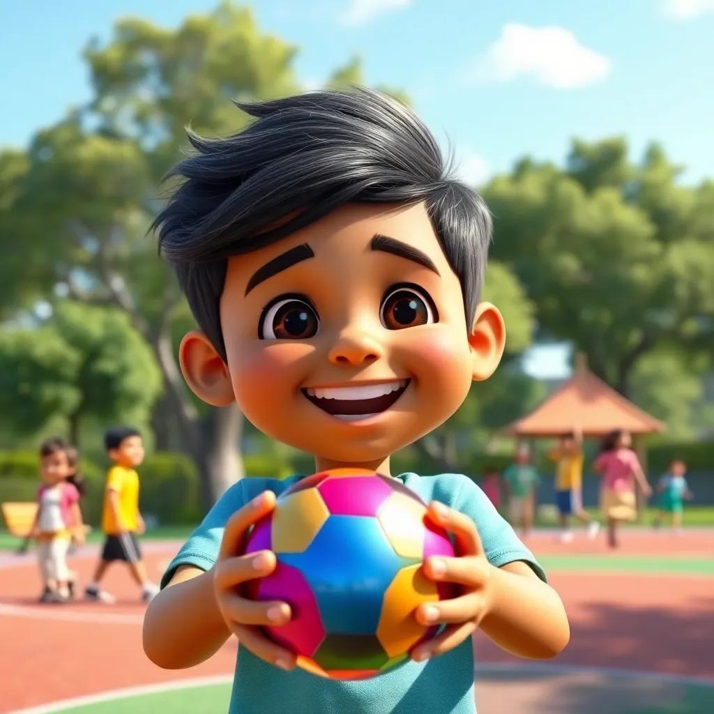 A vibrant playground with a new shiny ball in Ahmed's hands, his face radiating joy and excitement, surrounded by lush trees and friends in the background, bright day, cheerful and inviting atmosphere