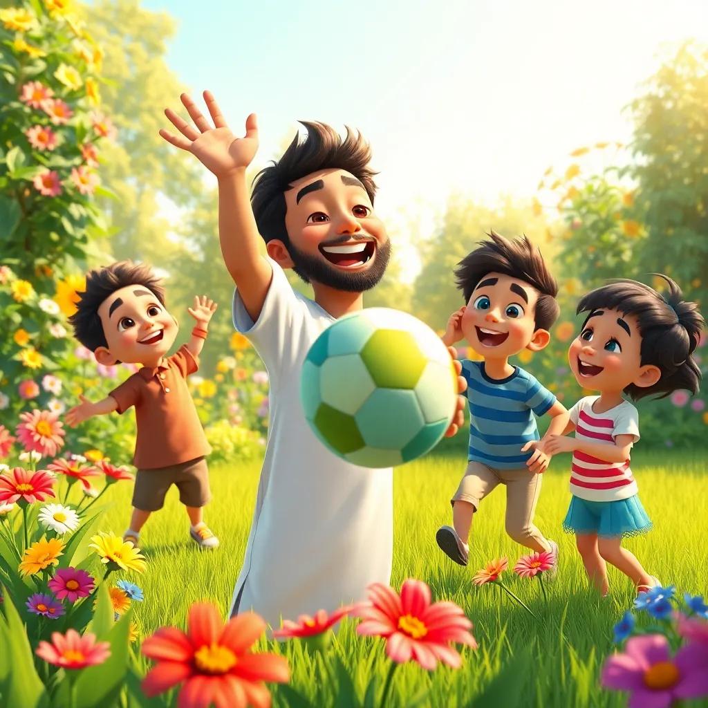 Ahmed joyfully throwing the new ball with friends in the sunny garden, laughter in the air, colorful flowers and green grass all around, lively and happy scene, digital illustration