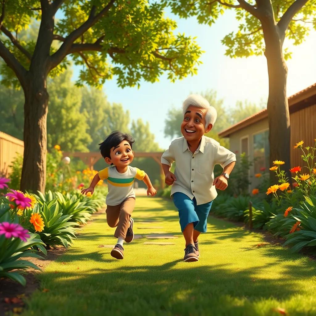 A beautiful sunny garden scene with Ahmed running and playing with his grandfather, laughter in the air, trees casting gentle shadows, bright and colorful, cheerful family moment
