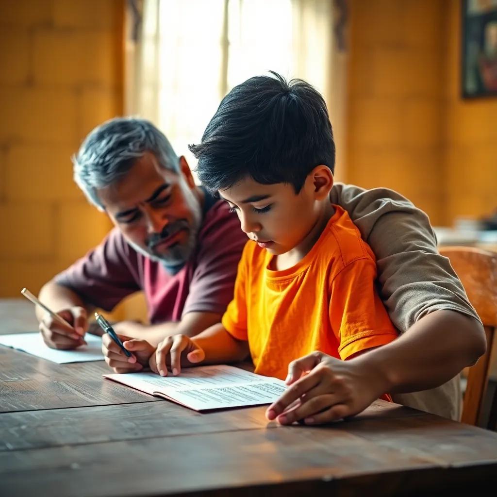 A young boy, Ahmed, with short black hair wearing a bright t-shirt and shorts, sitting on a wooden table with his father, both looking determined and thoughtful, writing a response to a letter, warm light, family atmosphere, digital art, engaging, high quality