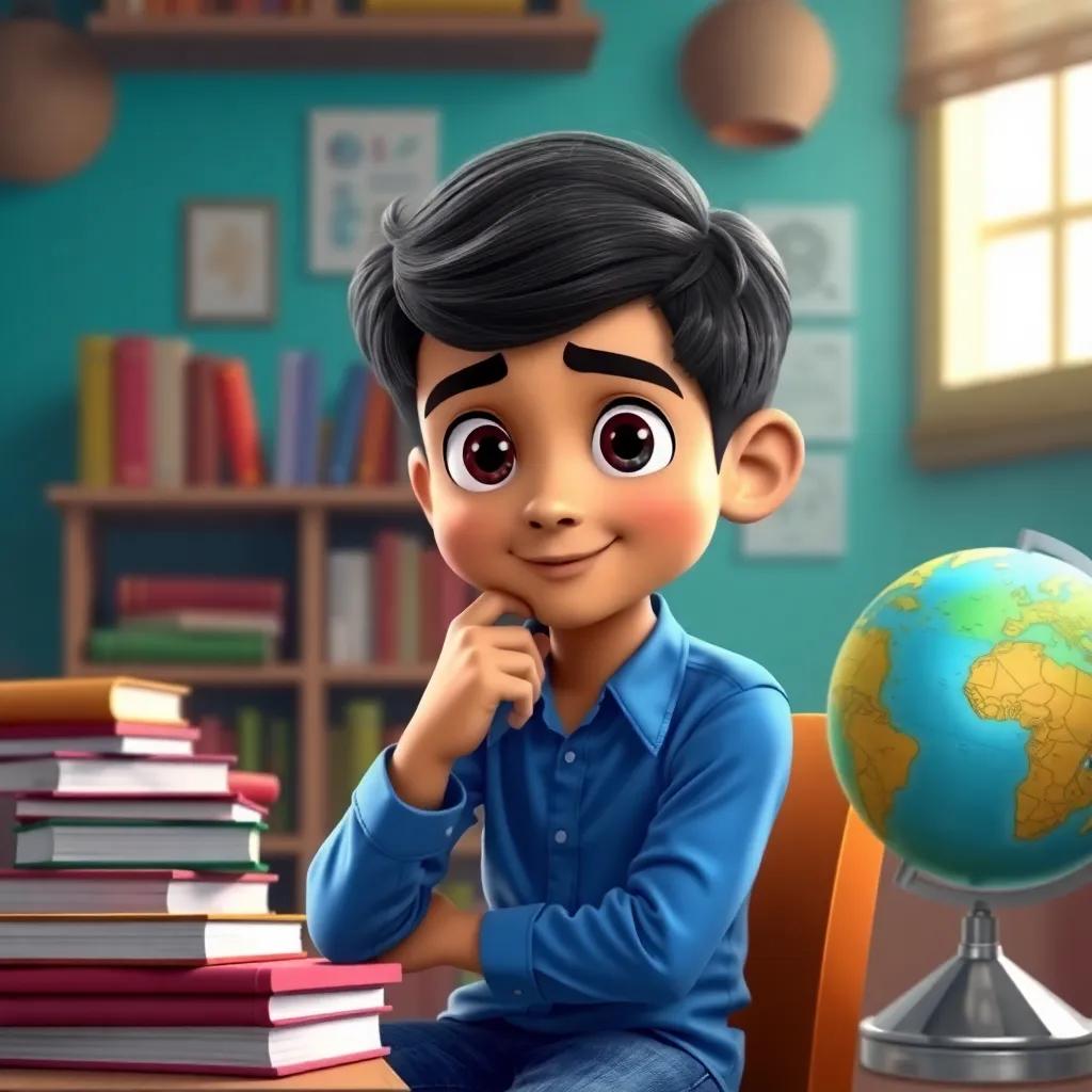 Ahmed, a smart young Arab boy, with short dark hair, wearing a blue shirt and jeans, sitting at a desk filled with books and a globe, deep in thought, digital art, bright colors, cheerful mood