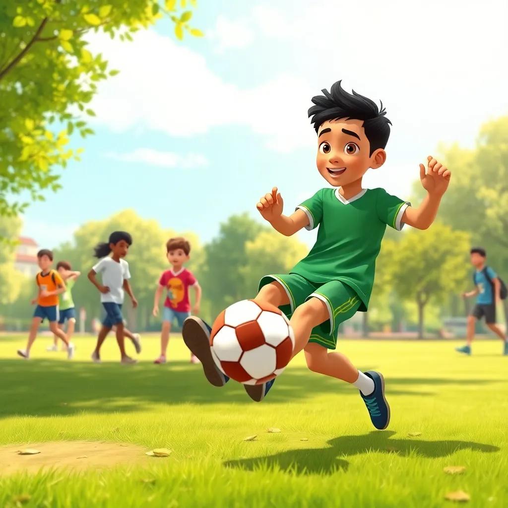 Ahmed, a young Arab boy, with short dark hair, wearing a green jersey and shorts, kicking a football with friends on a sunny day in the park, lively and playful atmosphere, vibrant colors, action-focused art