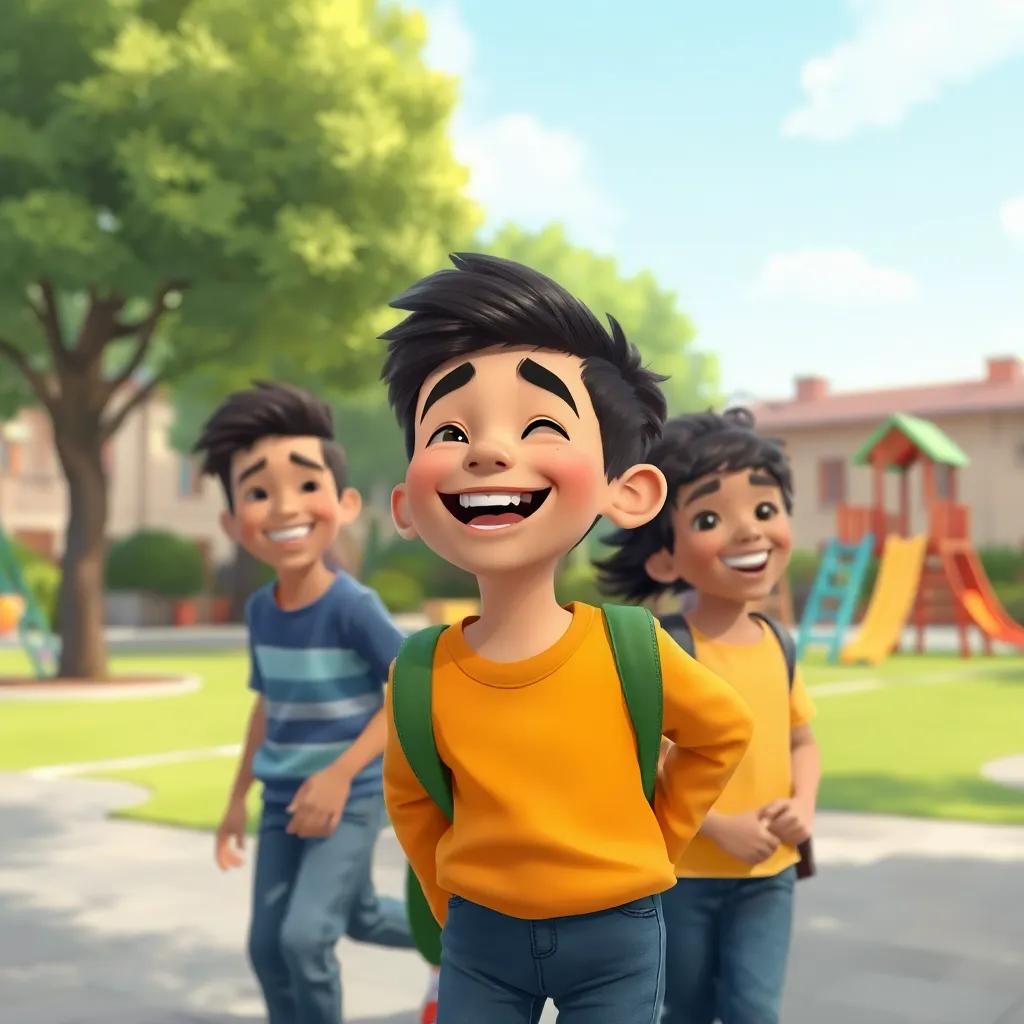 Ahmed, a young Arab boy, with short dark hair, laughing with his friends, wearing casual clothes, playing in a schoolyard with trees and slides in the background, joyful and friendly scene, colorful illustration