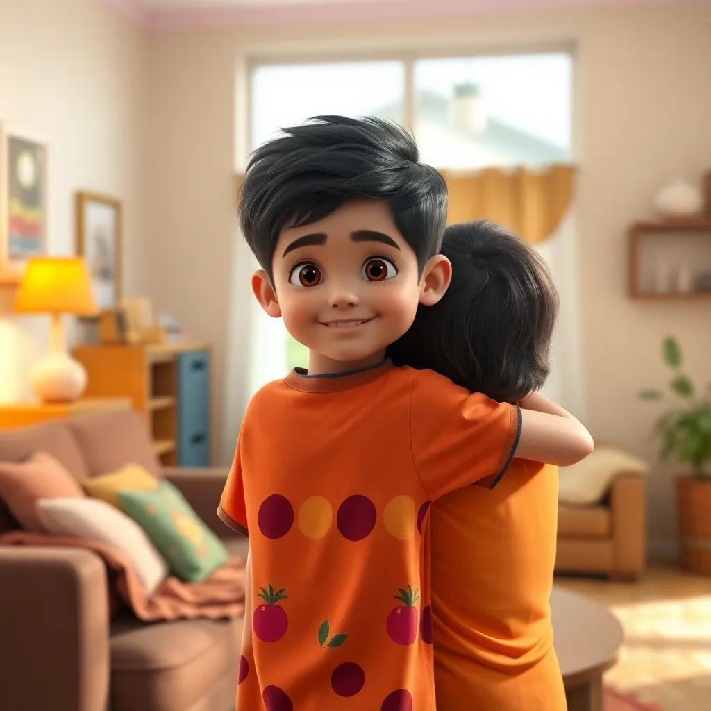 Ahmed, a young Arab boy, with short dark hair, wearing a colorful t-shirt, hugging his parents in the living room, filled with warmth and love, bright and cheerful, heartwarming imagery