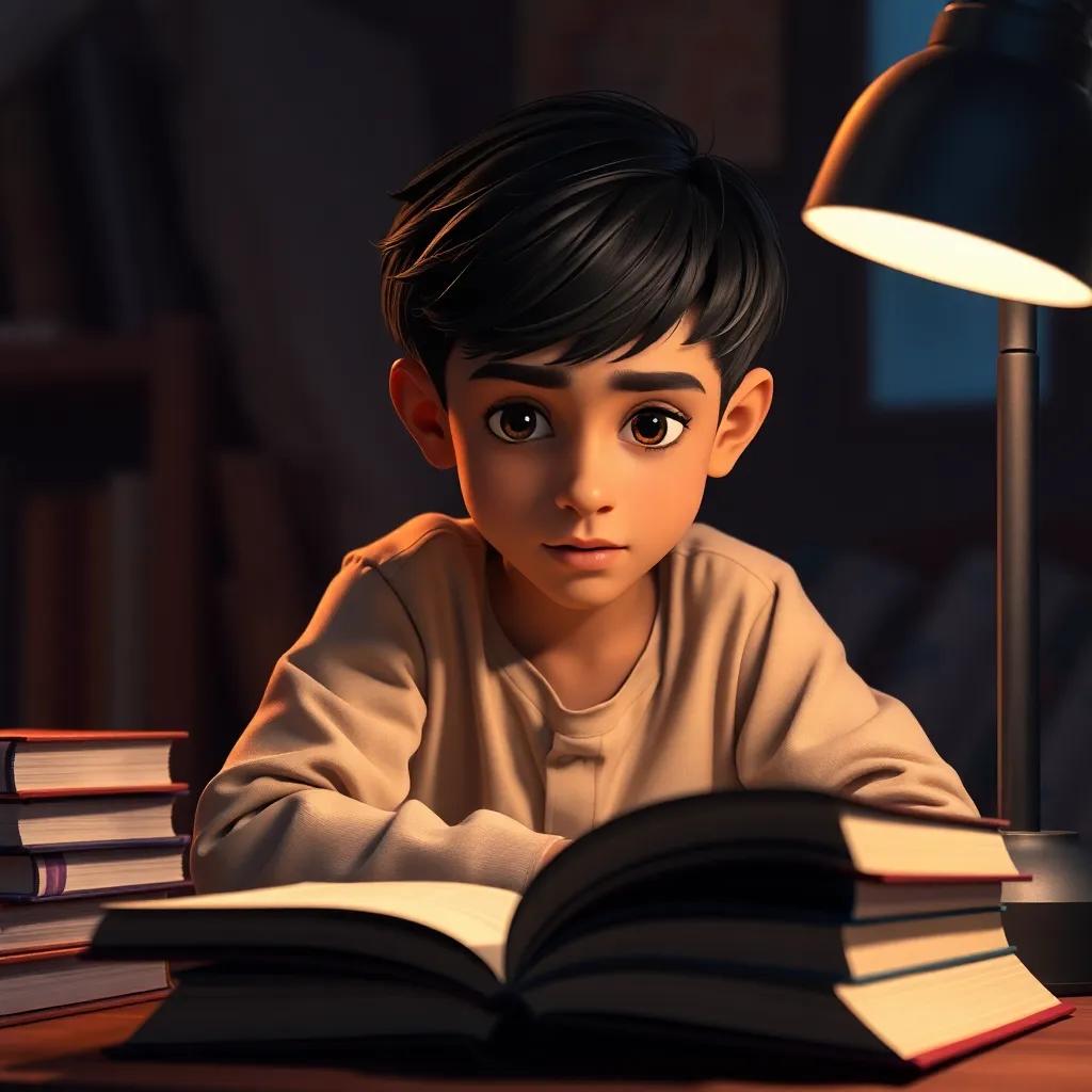 Ahmed, a young Arab boy with short dark hair, studying at night with books around him, under the soft glow of a lamp, focused and determined, warm light, serene atmosphere