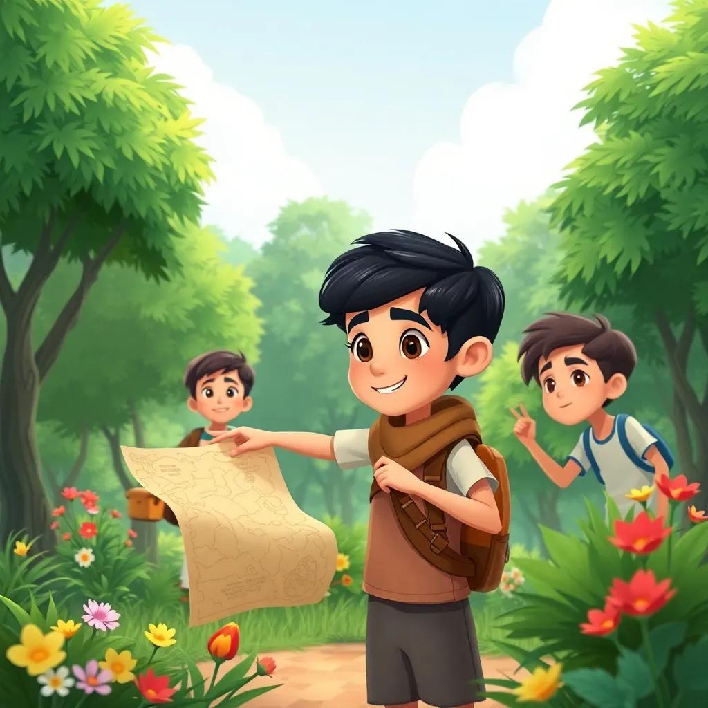 Ahmed, a young Arab boy, with short dark hair, and his friends exploring a park, full of green trees and flowers, pointing at a treasure map, adventurous atmosphere, lighthearted illustration