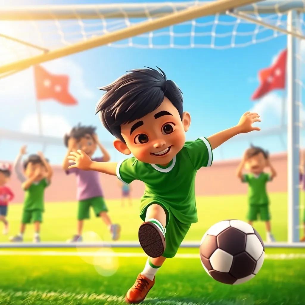 Ahmed, a young Arab boy, with short dark hair, wearing a green jersey, kicking a soccer ball into a goal, with teammates cheering in the background, dynamic action, bright colors, uplifting