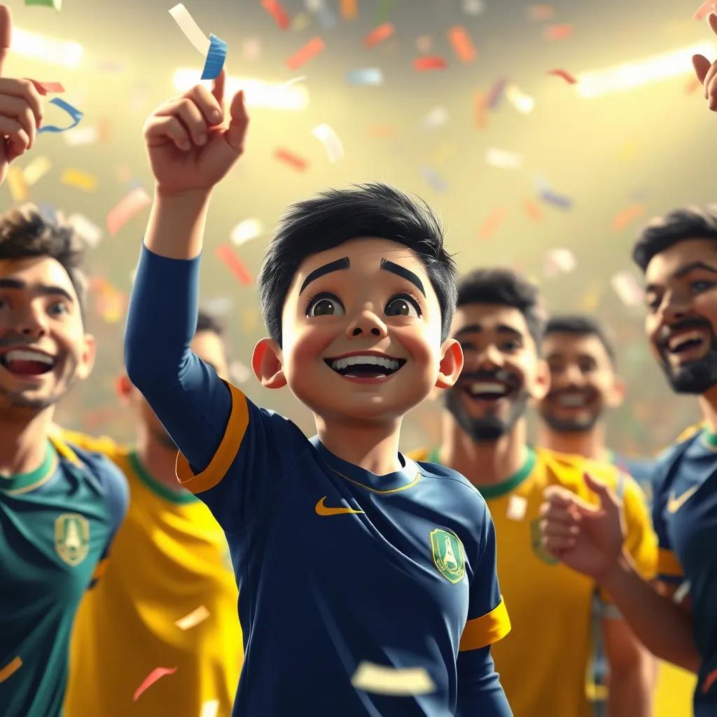 Ahmed, a young Arab boy, with short dark hair, celebrating with his friends after a victory in a football match, confetti flying, smiling faces, festive and joyful scene, bright lighting
