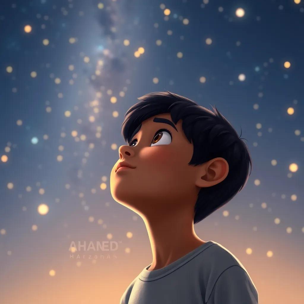 Ahmed, a young Arab boy, with short dark hair, looking up at the night sky filled with stars, filled with wonder and dreams, soft glowing light, peaceful and inspiring