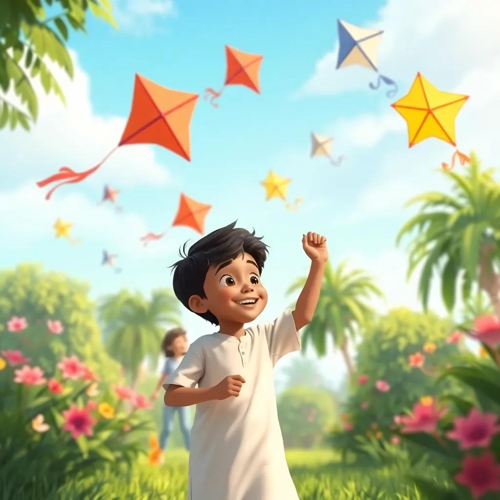 Ahmed, a young Arab boy, with short dark hair, playing with his friends in a lush garden, flying kites and laughing, colorful kites in the sky, fun and vibrant atmosphere