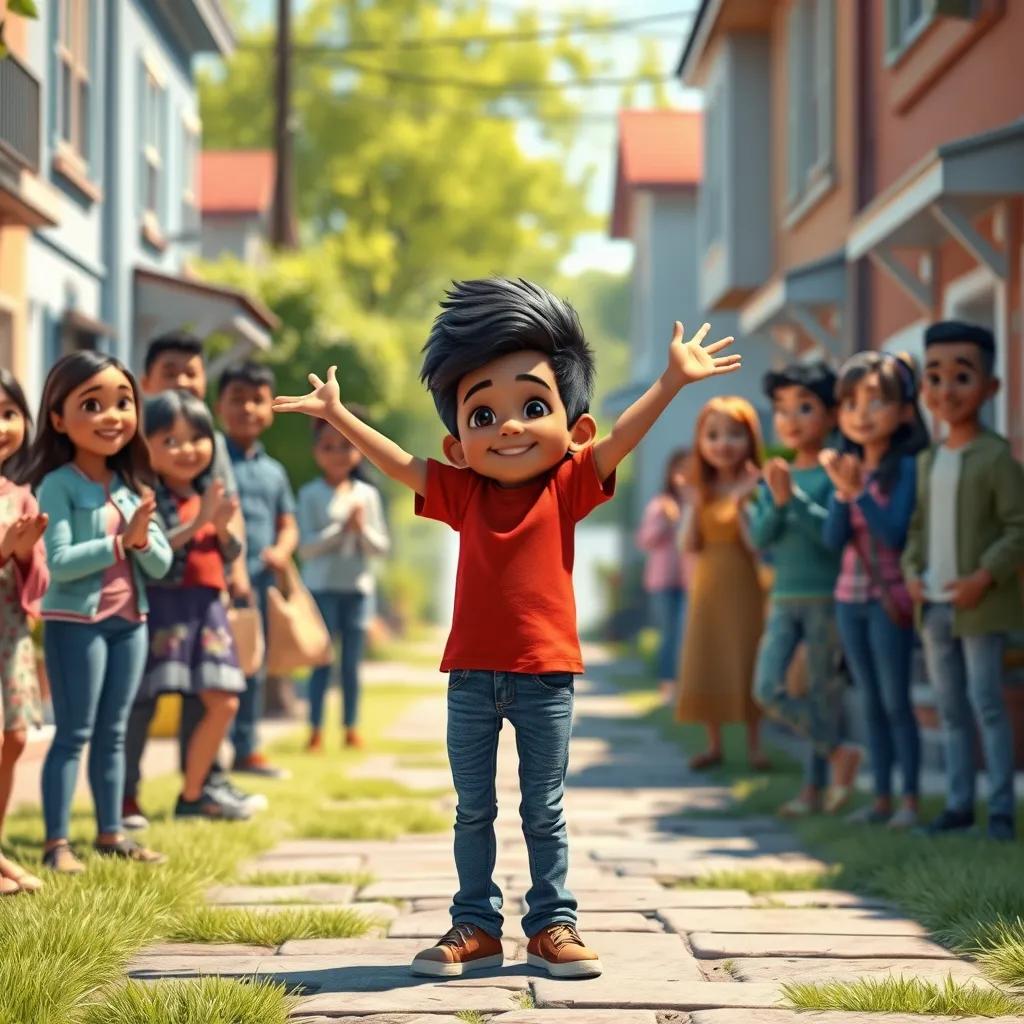 Ahmed, a young boy with black hair in a bright red t-shirt and blue jeans, standing in front of a group of neighbors, excitedly sharing his ideas, all smiling and clapping in a friendly neighborhood street, sunny day, festive mood, community spirit