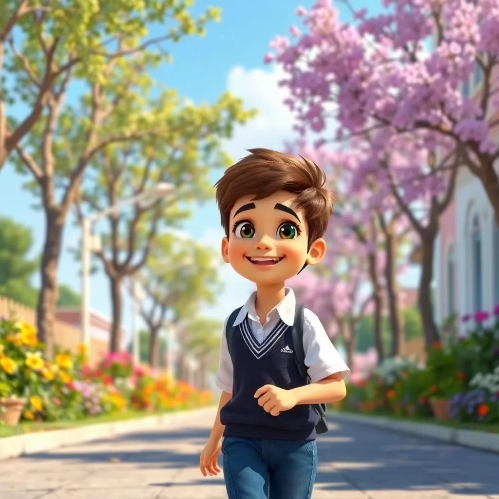 A young Arab boy, Ahmed, with short brown hair wearing a school uniform, joyfully walking on a sunny street with trees and flowers, bright colors, cheerful atmosphere, high quality