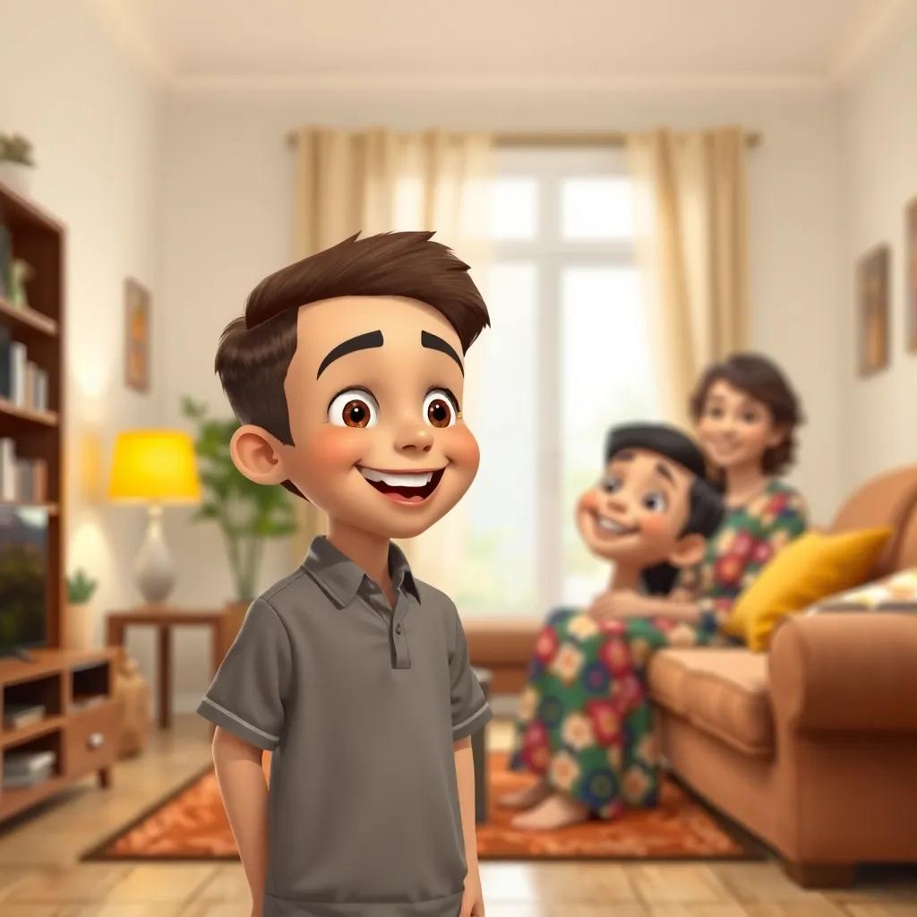 Ahmed, a young Arab boy with short brown hair in a school uniform, at home excitedly showing his mother, a woman in her thirties, wearing a colorful dress, with a warm smile, cozy living room, inviting and happy feel, high quality