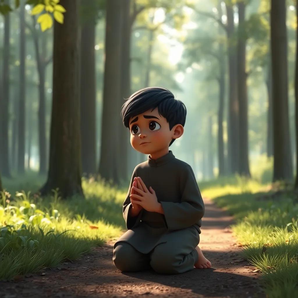 Ahmed, a young Arab boy with short black hair, kneeling on a forest path with tears in his eyes, hands clasped in prayer, surrounded by tall trees and soft light shining through leaves, peaceful scene, emotional, storytelling view, high quality