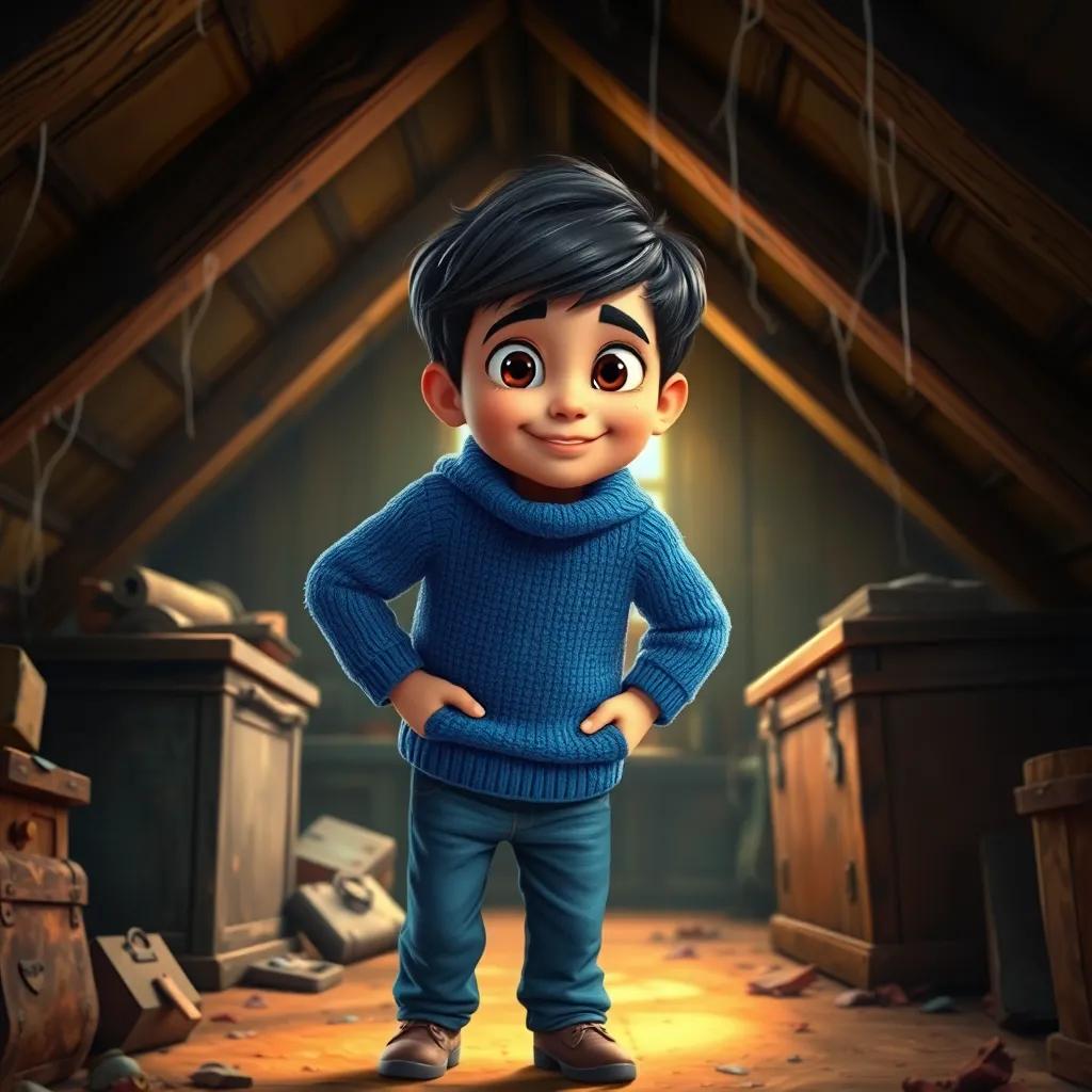 A young boy, Ahmed, with short black hair, wearing a cozy blue sweater and jeans, exploring a dusty attic with wooden beams, an old trunk, and cobwebs, vibrant colors, cheerful, warm light, inviting atmosphere, detailed digital art
