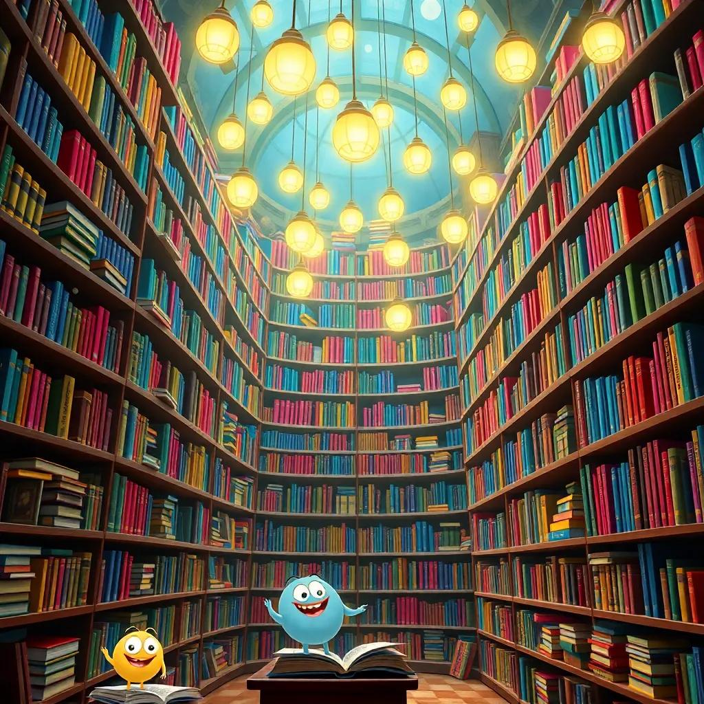 A magical library with towering shelves filled with colorful books, glowing lights hanging from the ceiling, books with eyes and faces smiling, bright colors, whimsical, enchanting, high quality