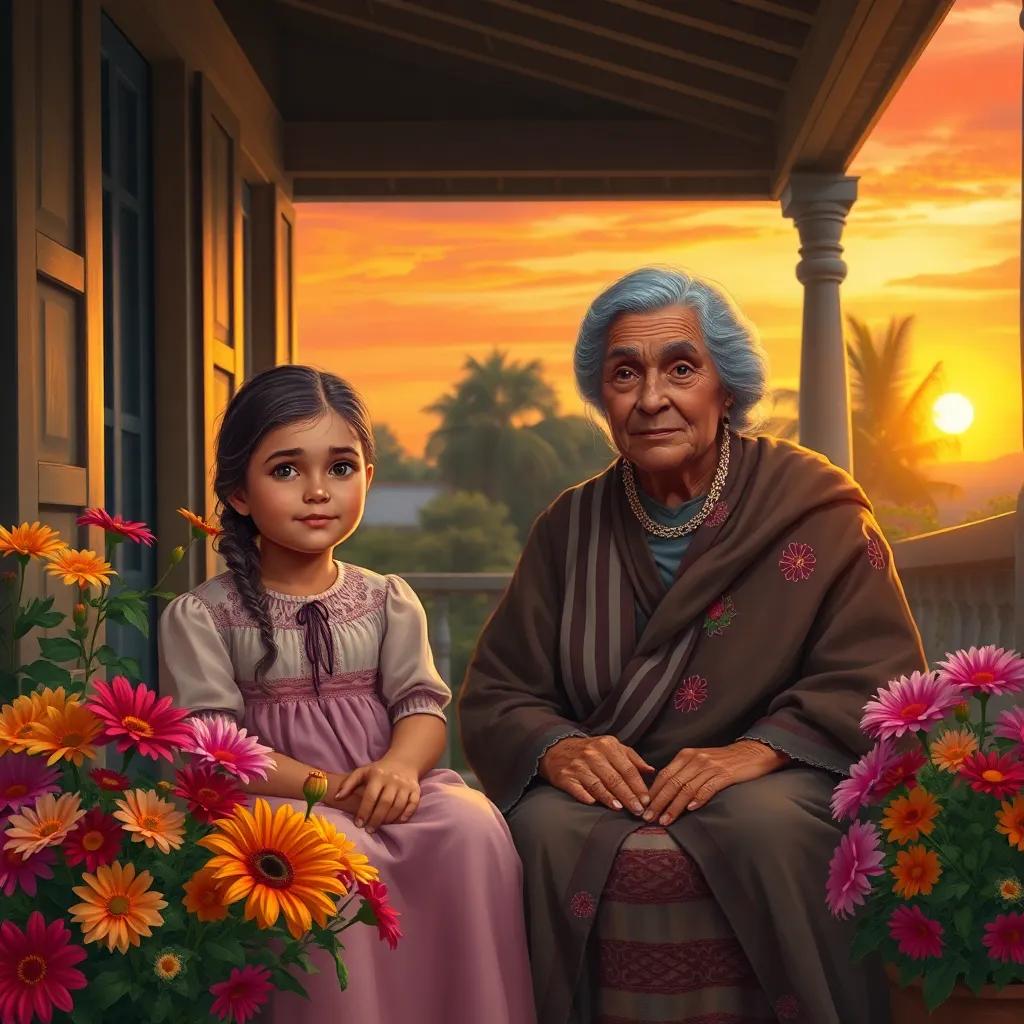 Aini, a young girl with bright eyes and braided hair, sitting beside her grandmother Abla, an elderly woman with gentle wrinkles, on a cozy porch filled with colorful flowers, at sunset, digital art, warm colors, inviting atmosphere, heartwarming scene, high quality