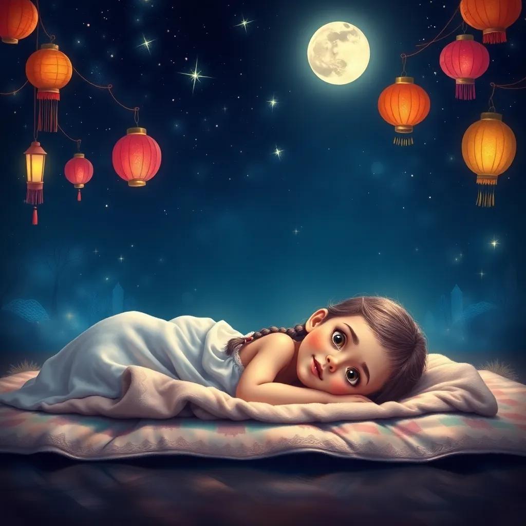 Aini, a young girl with bright eyes and braided hair, lying on a soft mat under a starry night sky, surrounded by colorful lanterns and moonlight, dreaming happily, magical ambiance, cheerful colors, cozy perspective, high quality