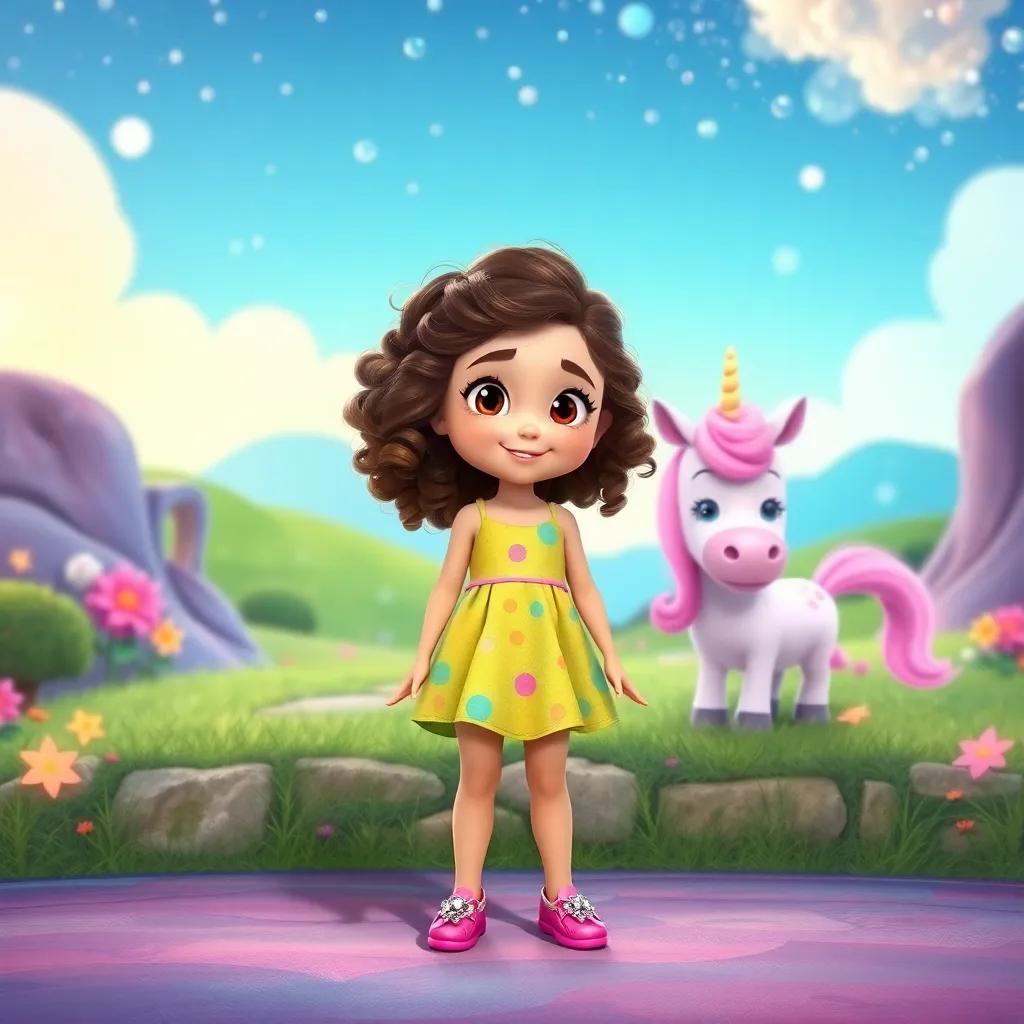 A little girl named Aisen with curly brown hair, wearing a colorful dress and sparkly shoes, standing in a magical land with bright pastel colors and a crying pink unicorn named Sparkle, digital art, whimsical style, cheerful atmosphere, vibrant colors, inviting view, high quality