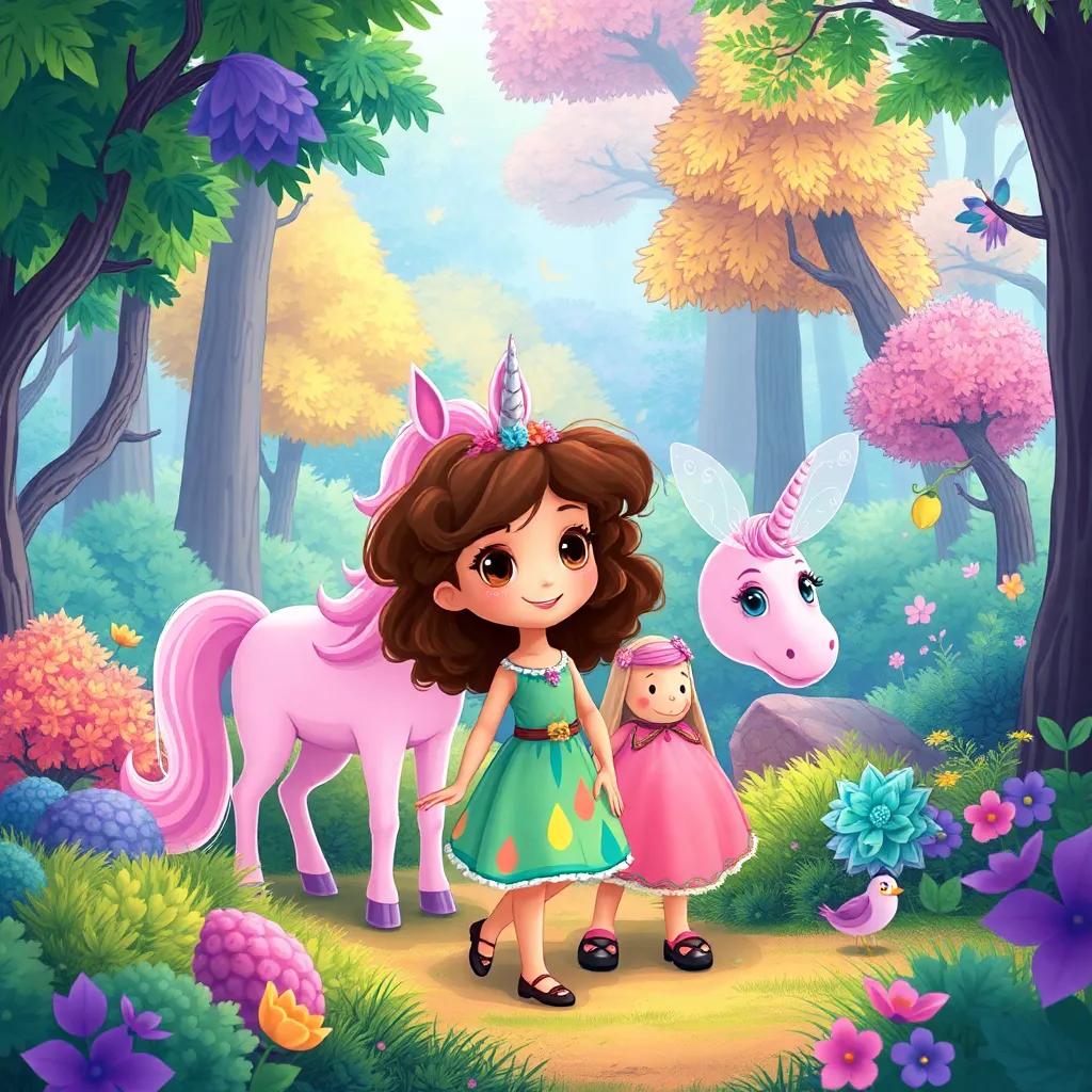 Aisen, the little girl with curly brown hair in a colorful dress, and Sparkle, the pink unicorn, exploring a magical forest filled with colorful trees and bushes, meeting a friendly fairy named Twinkle, illustration, playful, happy vibes, cartoonish style, soft lighting, enchanting quality