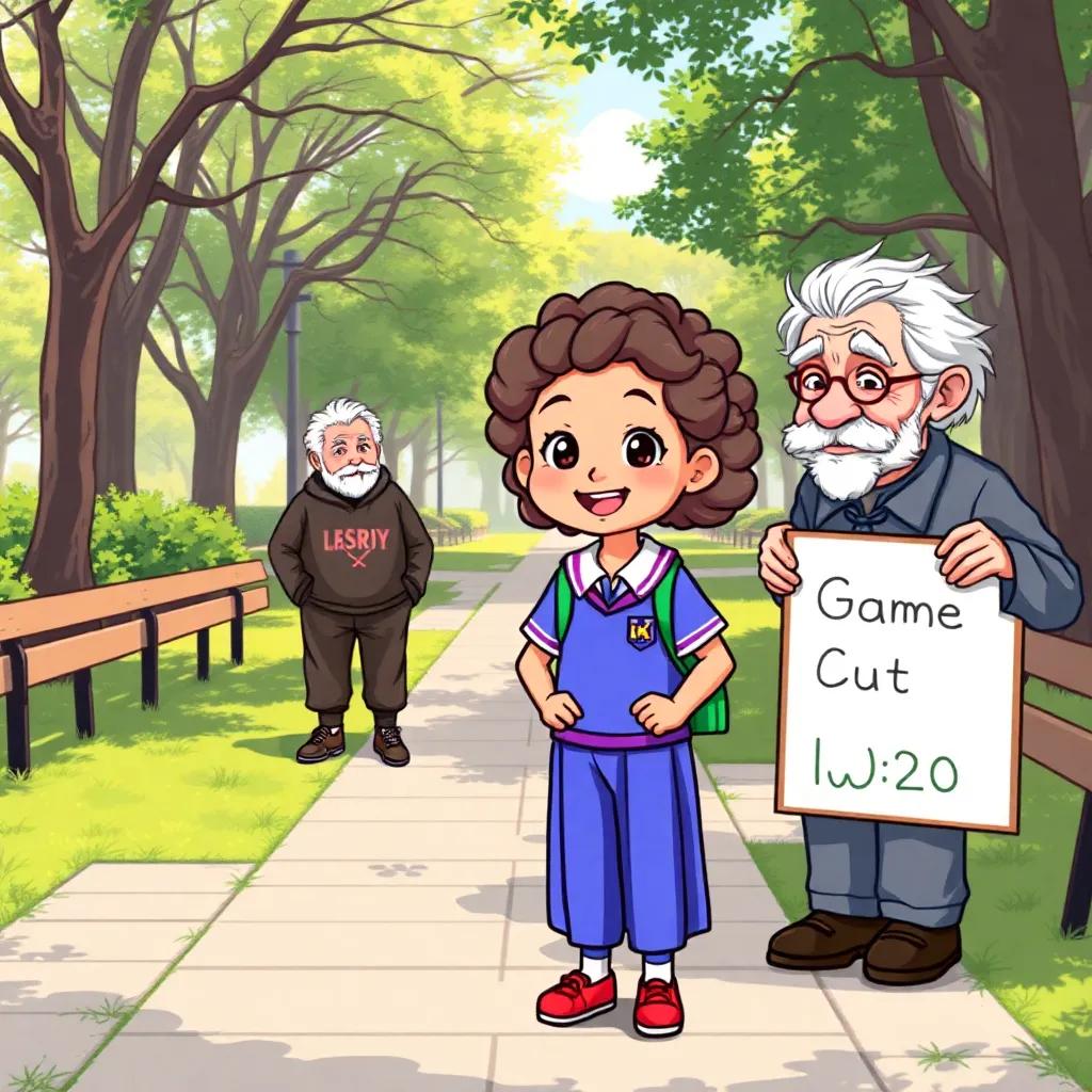 A bright 10-year-old girl, Aisha, with curly hair wearing a colorful school uniform, stopping by an old man with gray hair and a weathered face, holding a sign on the footpath in a sunny park, digital art, cheerful, bright colors, warm lighting, high quality