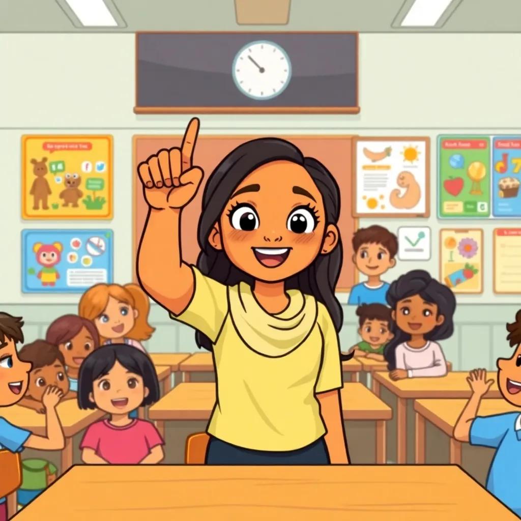 Aisha in a classroom raising her hand excitedly, with diverse classmates looking on, a friendly teacher in front, colorful educational posters on the walls, illustration, engaging, warm tones, child-friendly, vibrant quality