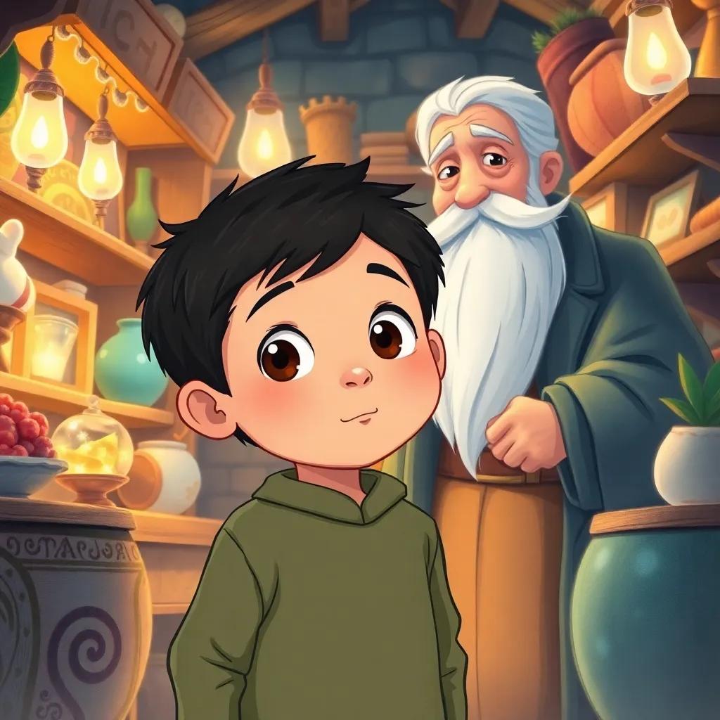 Alaa, a curious young boy with short black hair and bright eyes, standing in front of an old man with a long white beard and kind eyes in a cozy shop filled with magical items, warm light, inviting atmosphere, detailed illustration, enchanting feel, high quality