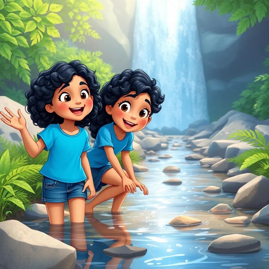 Alaa, a clever 11-year-old Arab girl with curly black hair, wearing a bright blue t-shirt and denim shorts, exploring a sparkling stream with her friend Sara, excited expressions, green foliage and a glistening waterfall in the background, illustration, fresh colors, joyful scene, high quality