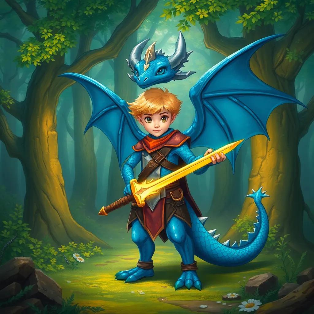A brave blue dragon boy named Alastin, with shiny scales and a glowing sword, standing in a magical forest with talking trees, digital art, vibrant colors, enchanting atmosphere, high quality