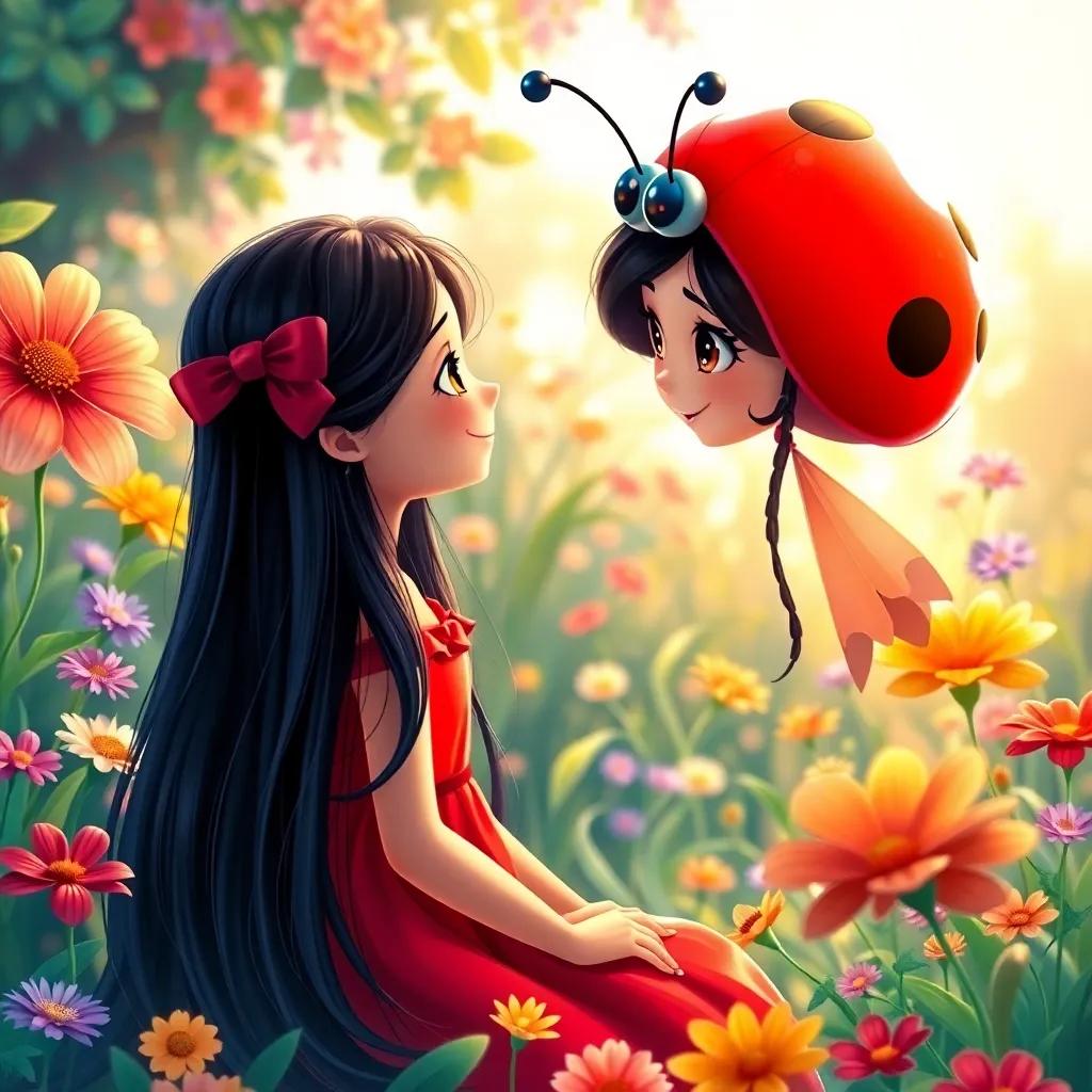 A magical ladybug, speaking to Aleen, a cute girl with long black hair in a bright red dress, surrounded by colorful flowers in a sunny garden, enchanting scene, fantasy style, high detail, whimsical lighting, heartwarming vibe, high quality